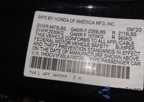 2020 Honda Accord Sport z USA, uszkodzony, nr VIN 1HGCV1F30LA139728